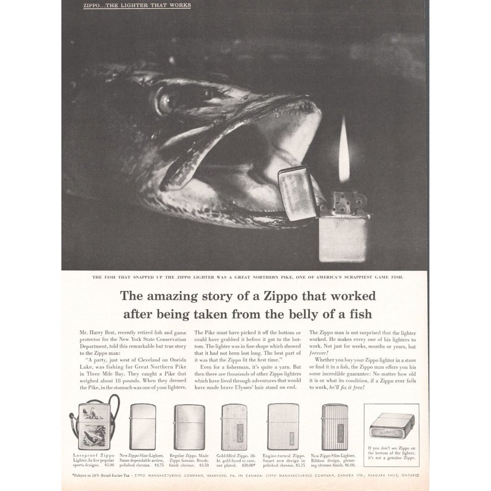 1960 Zippo Cigarette Lighter Vintage Print Ad Northern Pike Fish Photo Wall Art